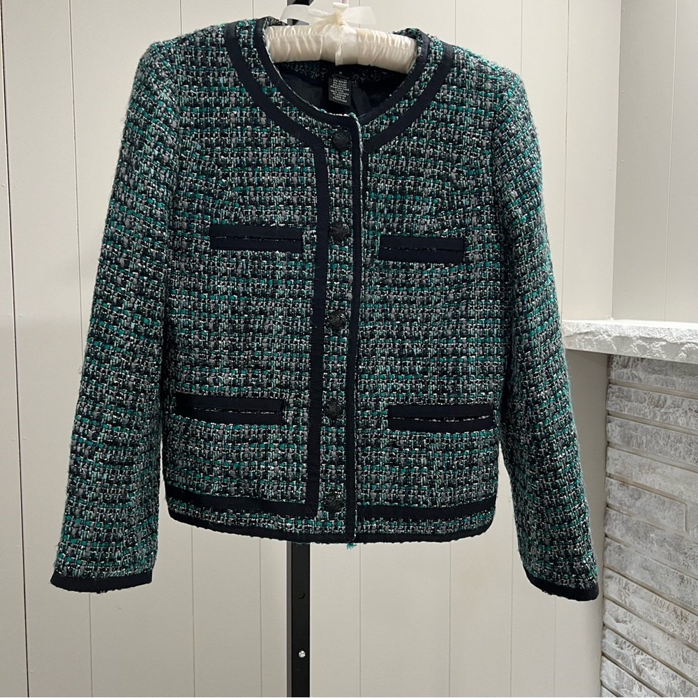 J. Crew Wool Blend Green Black Tweed Button Up Blazer Suit Jacket 4